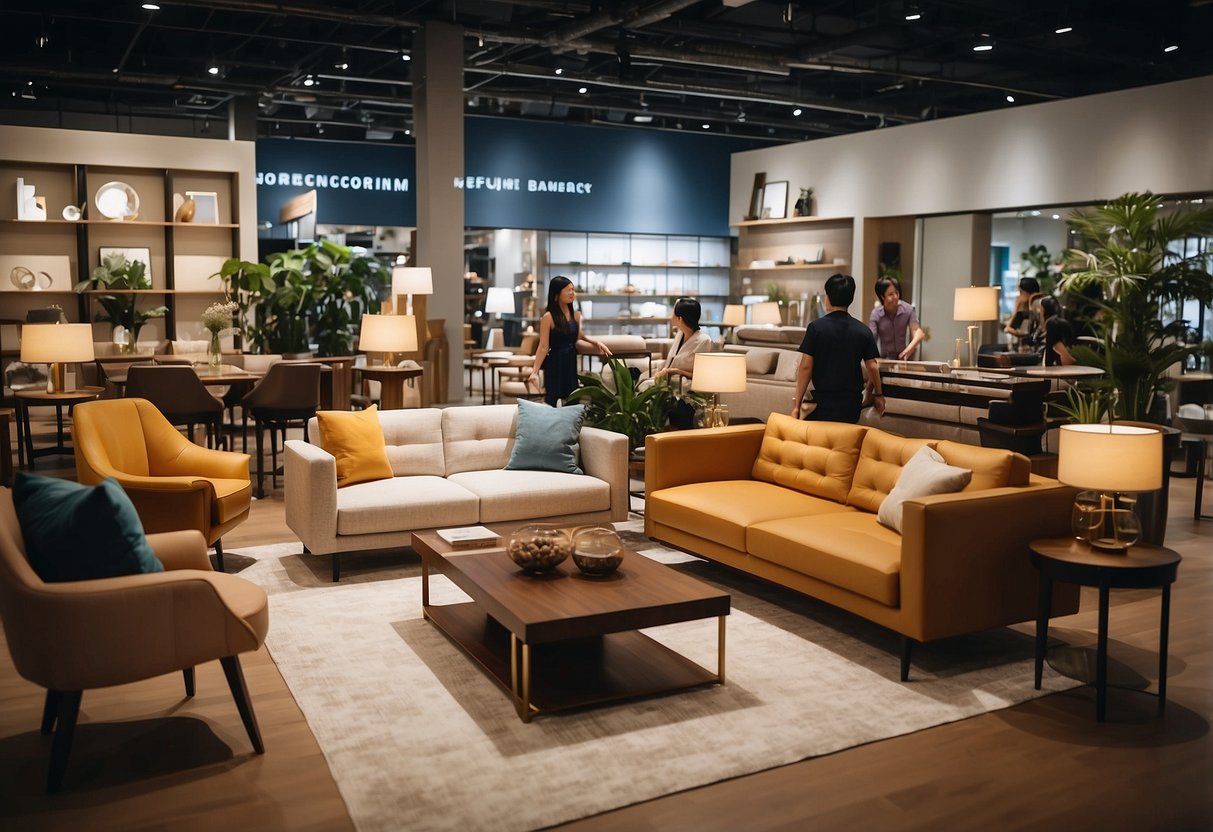 A bustling furniture collection center in Singapore, with customers browsing and staff assisting. Brightly lit, modern displays showcase a variety of home furnishings