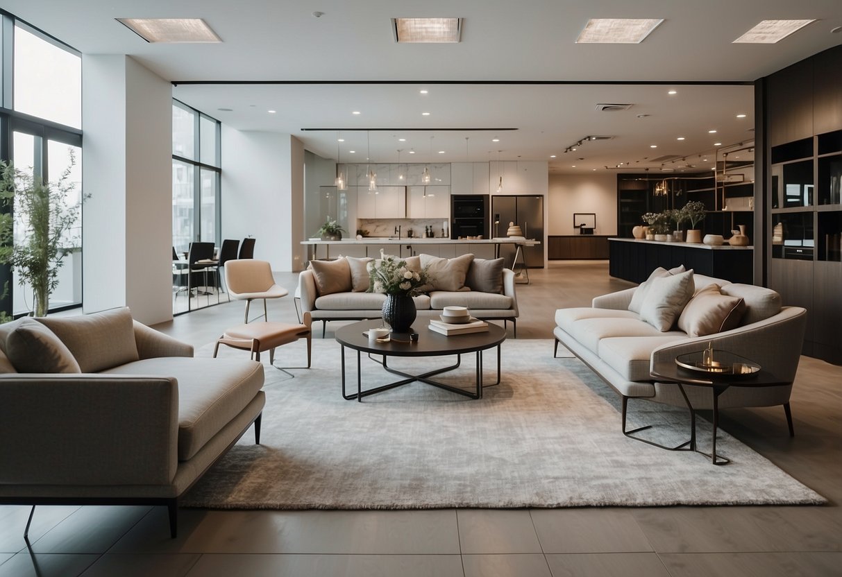 A spacious showroom with modern and elegant furniture displays. Clean lines and neutral colors create a sophisticated atmosphere
