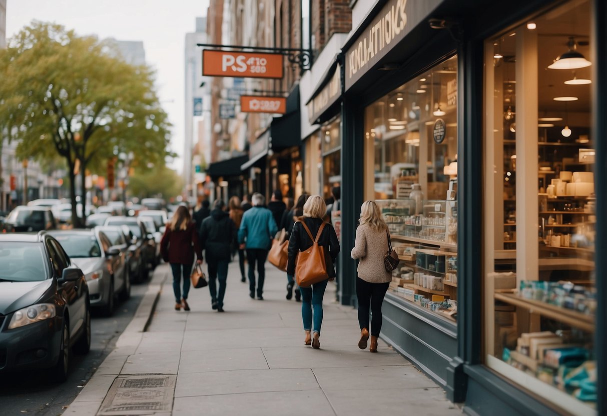 A bustling street lined with bright, inviting signs for good and cheap furniture stores. Shoppers carrying bags and browsing through the wide variety of affordable home furnishings