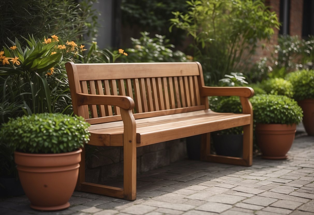 A wooden two-seater outdoor bench sits on a stone patio, surrounded by potted plants and a small table