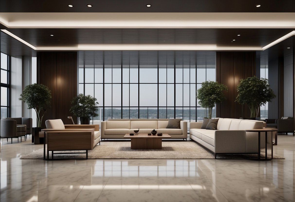 A modern lobby with CAD blocks of sleek furniture arranged in a symmetrical layout, with clean lines and minimalist design