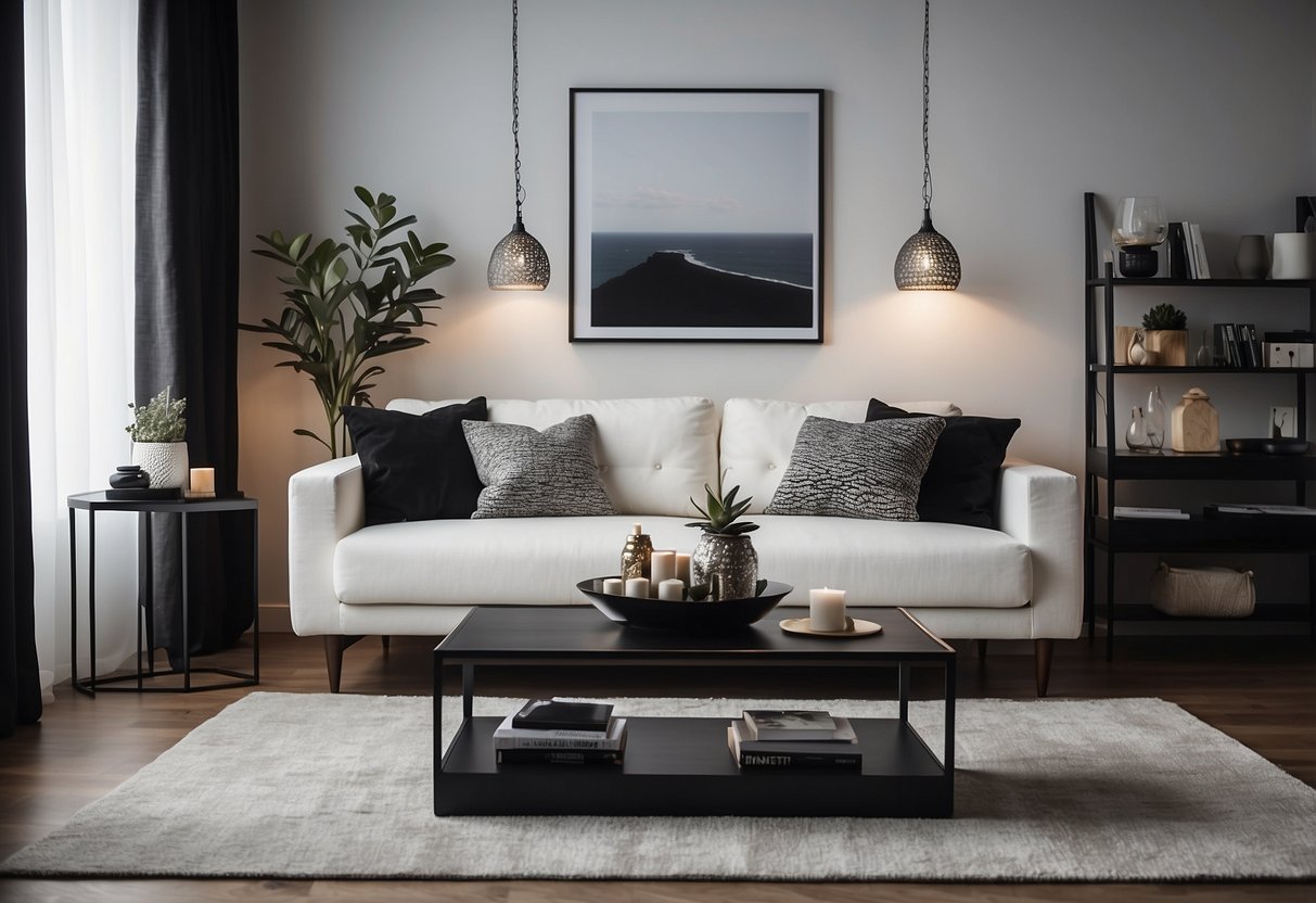 A white living room with dark furniture, adorned with decorative accessories