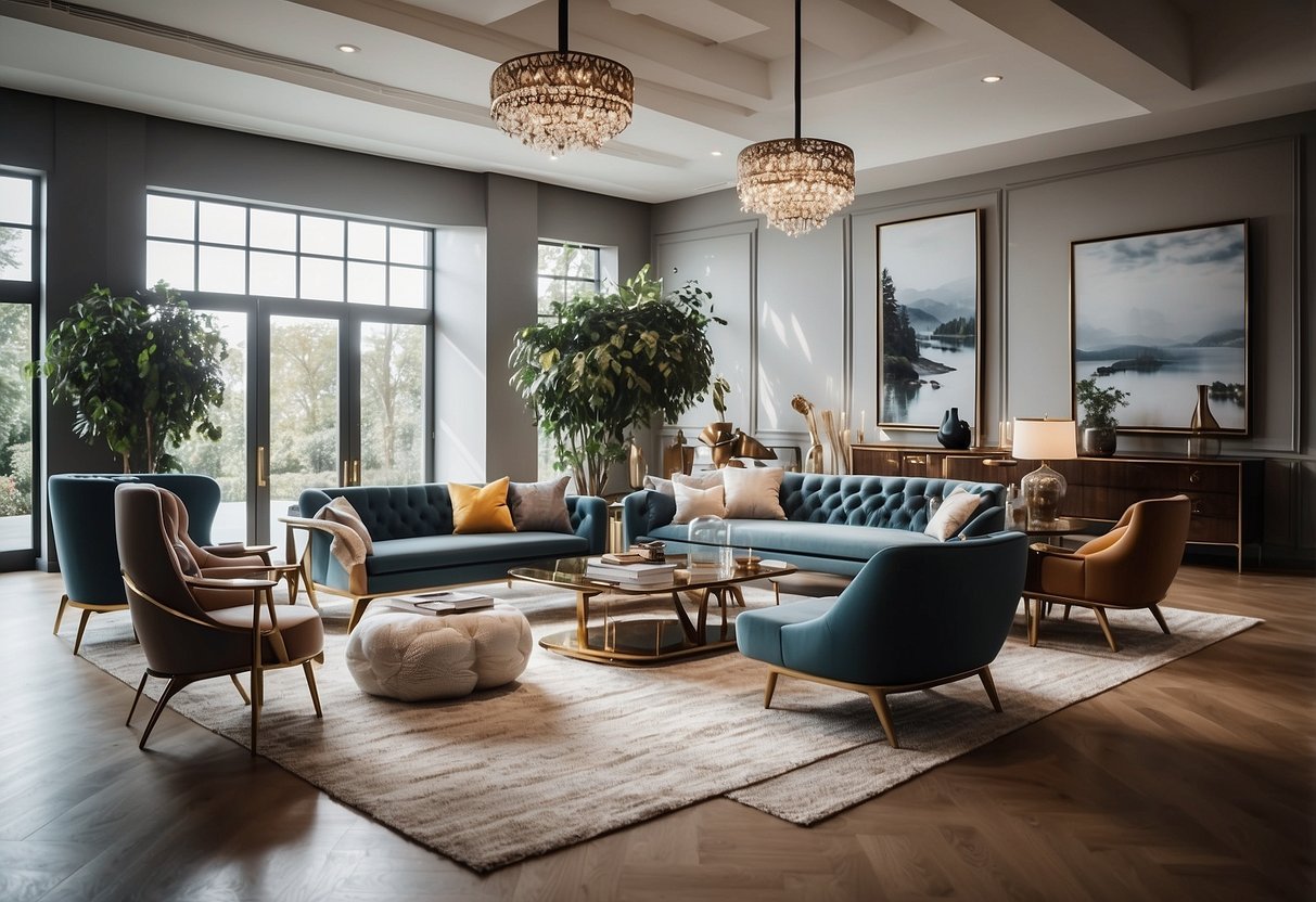 A spacious showroom filled with modern and classic furniture pieces, arranged in stylish vignettes. Bright lighting highlights the quality craftsmanship and elegant designs