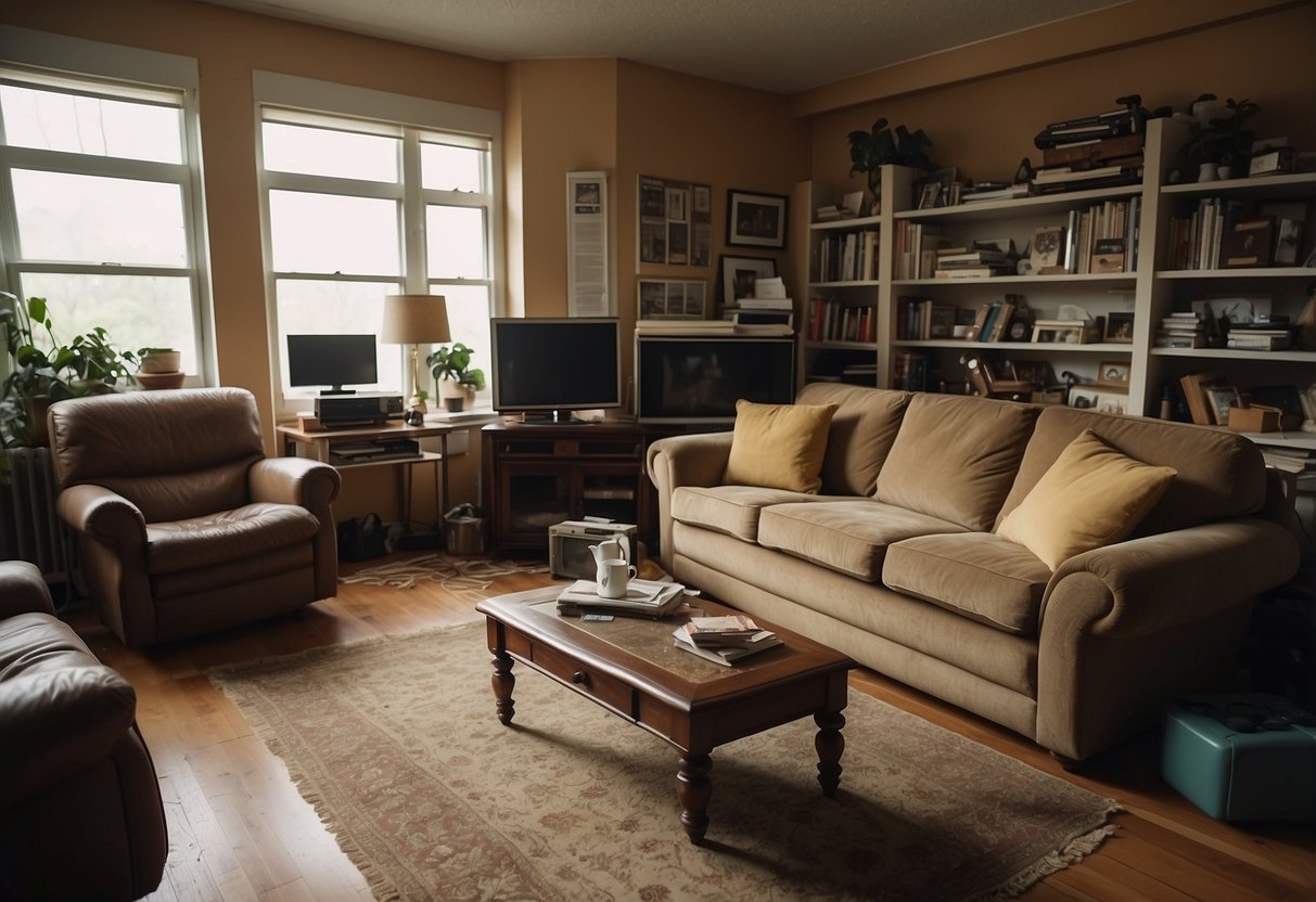 A cluttered room with mismatched, worn-out furniture. A sagging sofa, chipped coffee table, and wobbly chairs fill the space