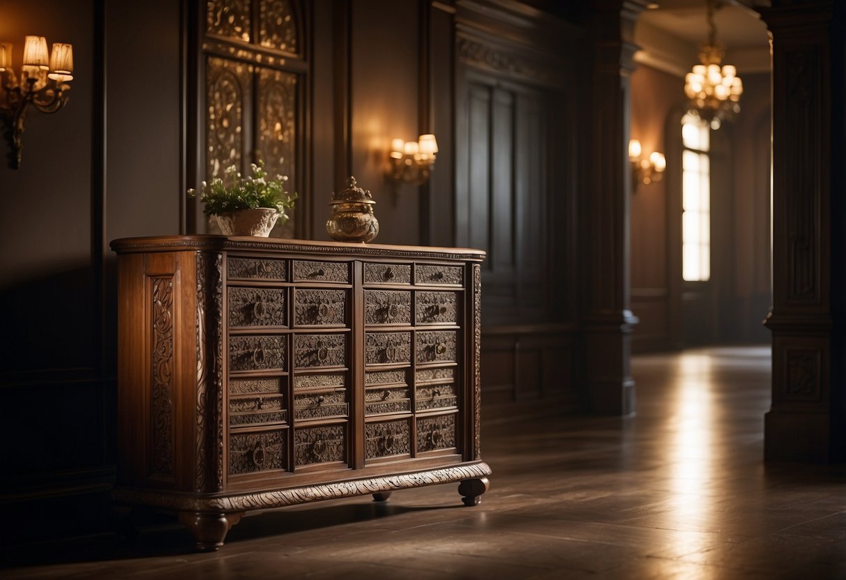 A hall chest stands in a dimly lit hallway, adorned with intricate carvings and elegant hardware. The wood gleams in the soft light, casting a warm and inviting atmosphere