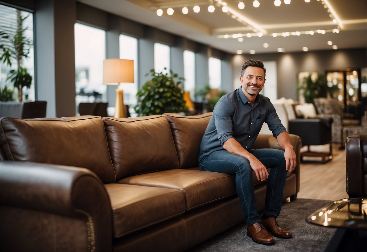 A smiling customer admires a sleek leather sofa in a spacious showroom at Harrison Furniture. The warm lighting and modern decor create an inviting atmosphere