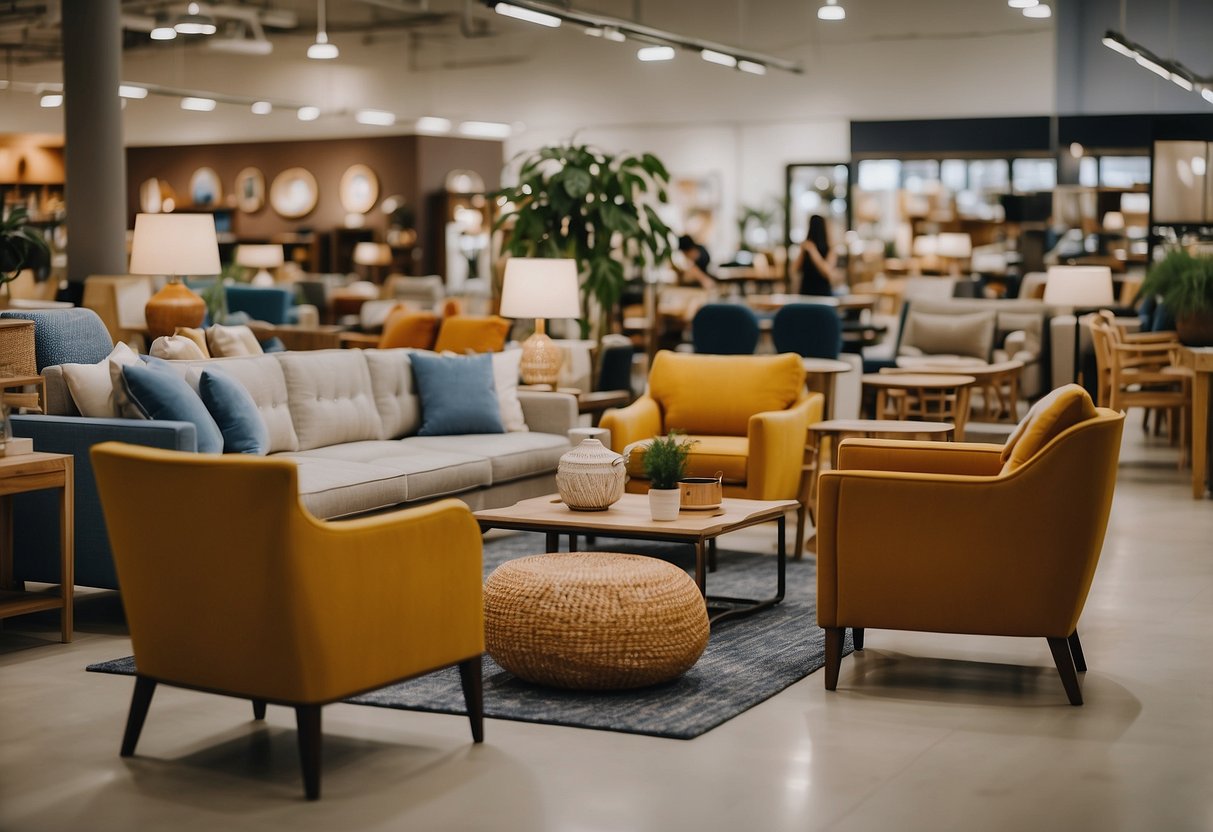 A person browsing through a variety of affordable furniture options in a Singaporean store. The furniture includes tables, chairs, and sofas, with price tags displayed prominently