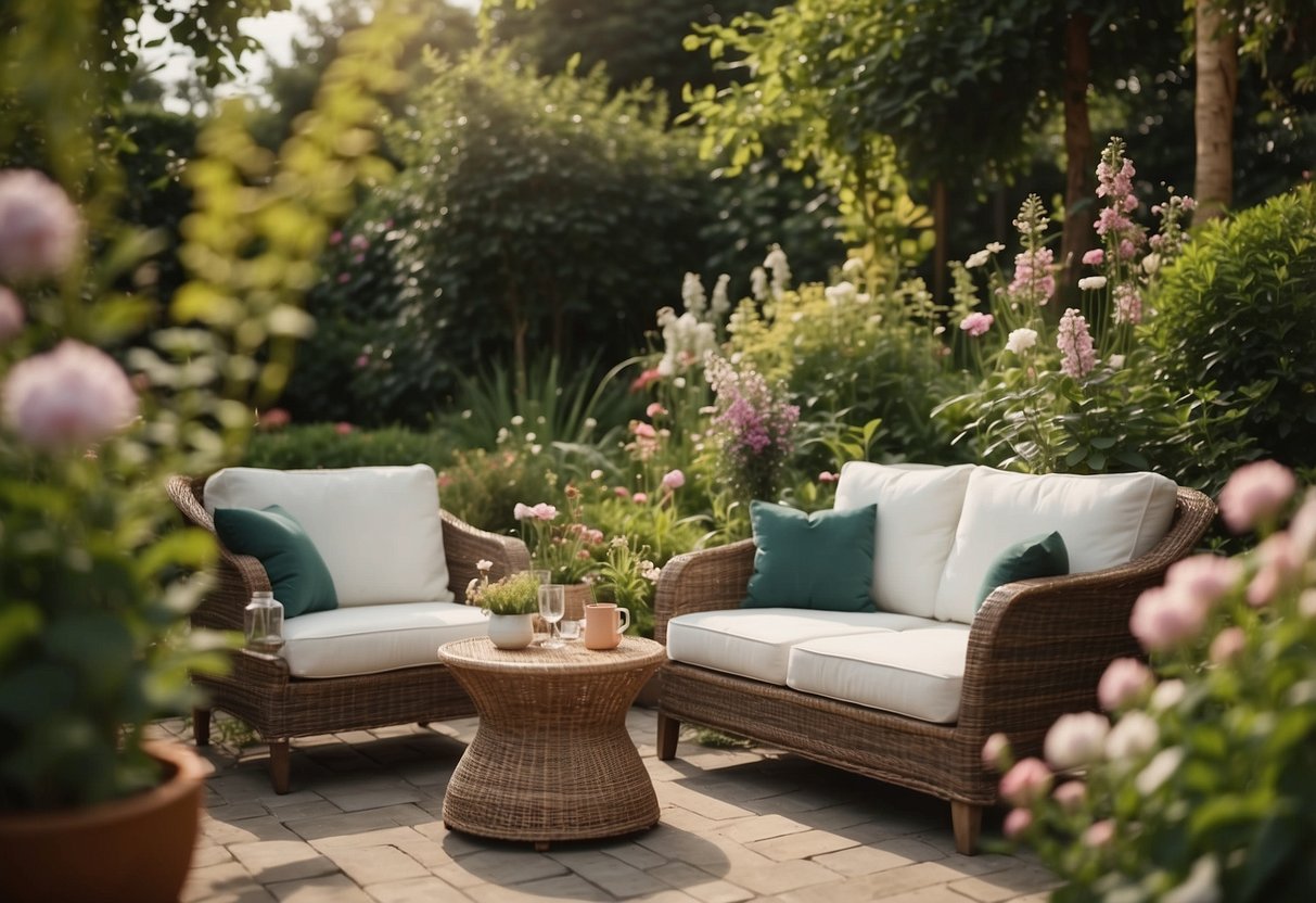 A cozy two-seater outdoor furniture set nestled in a lush garden, surrounded by blooming flowers and greenery, with a small table in between