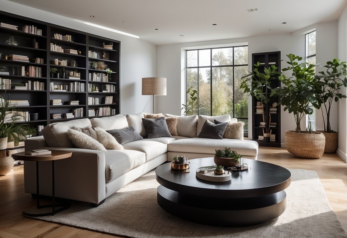 A bright white living room with dark furniture, including a sofa, coffee table, and bookshelves. The room is well-lit with natural light and features a minimalist design