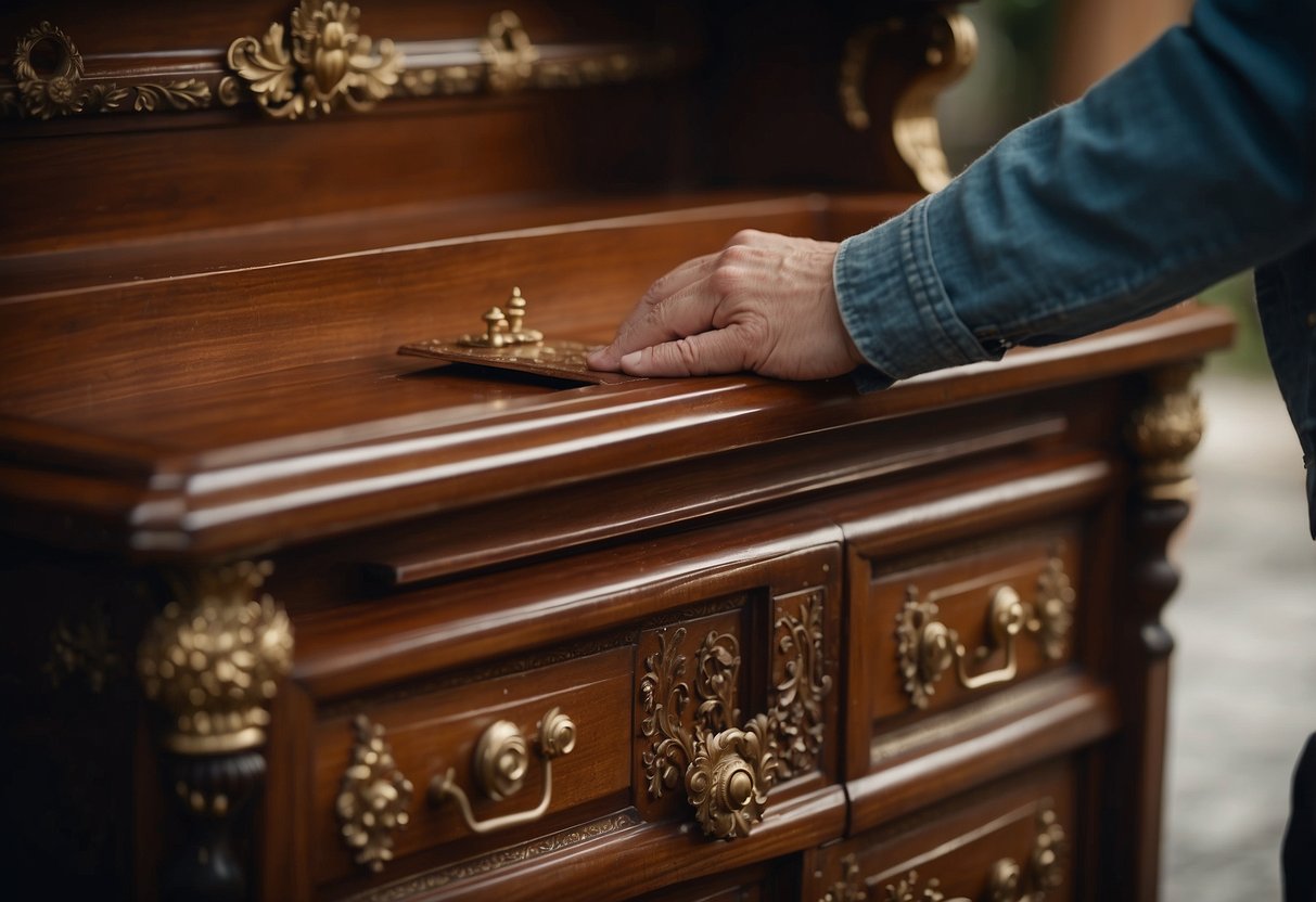 A person opens a door to reveal a hall chest. They carefully dust and polish the wood, arranging decorative items on top