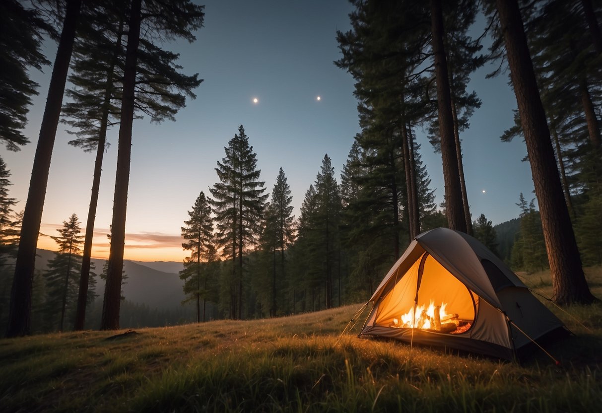 A tent is pitched on a grassy hill, surrounded by tall trees swaying in the wind. The campfire struggles to stay lit, and a flag flaps vigorously on a nearby pole