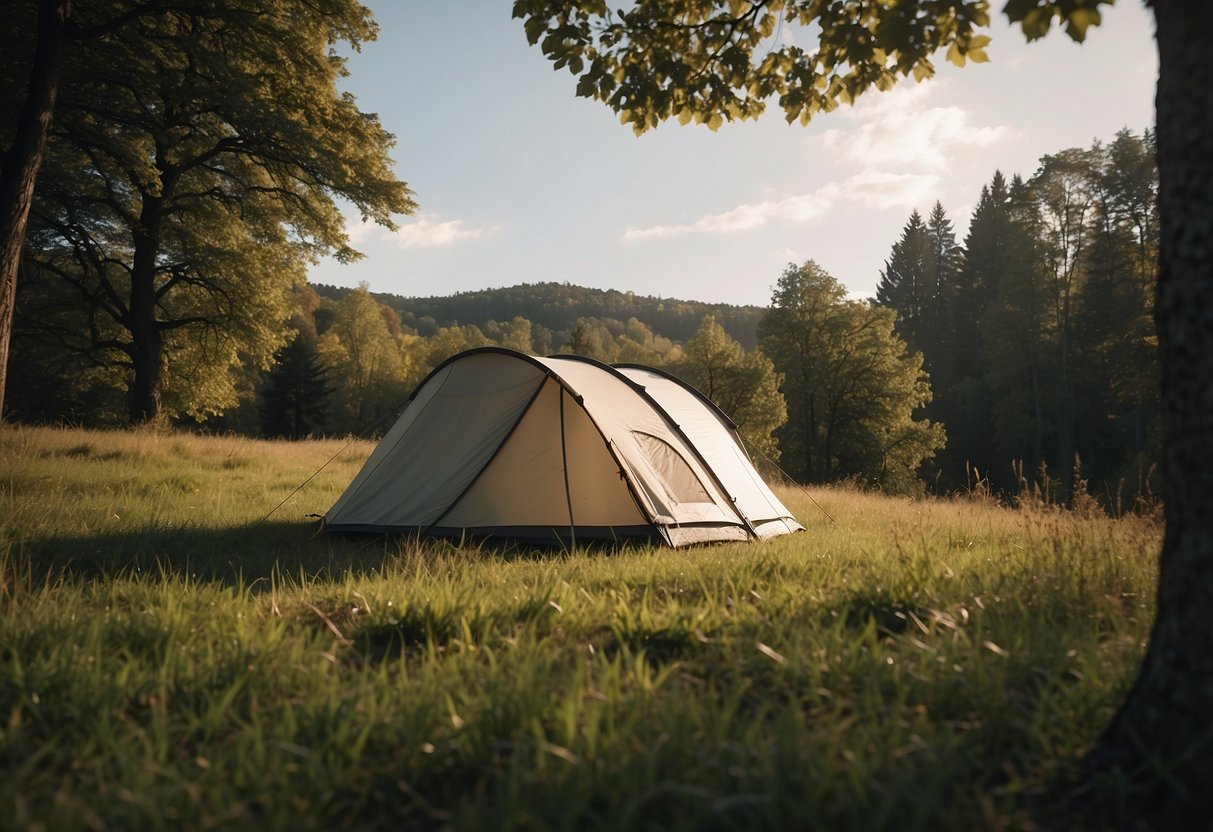 A low-profile tent sits on a grassy hill, surrounded by trees. The wind blows through the scene, bending the branches and causing the tent to flap slightly