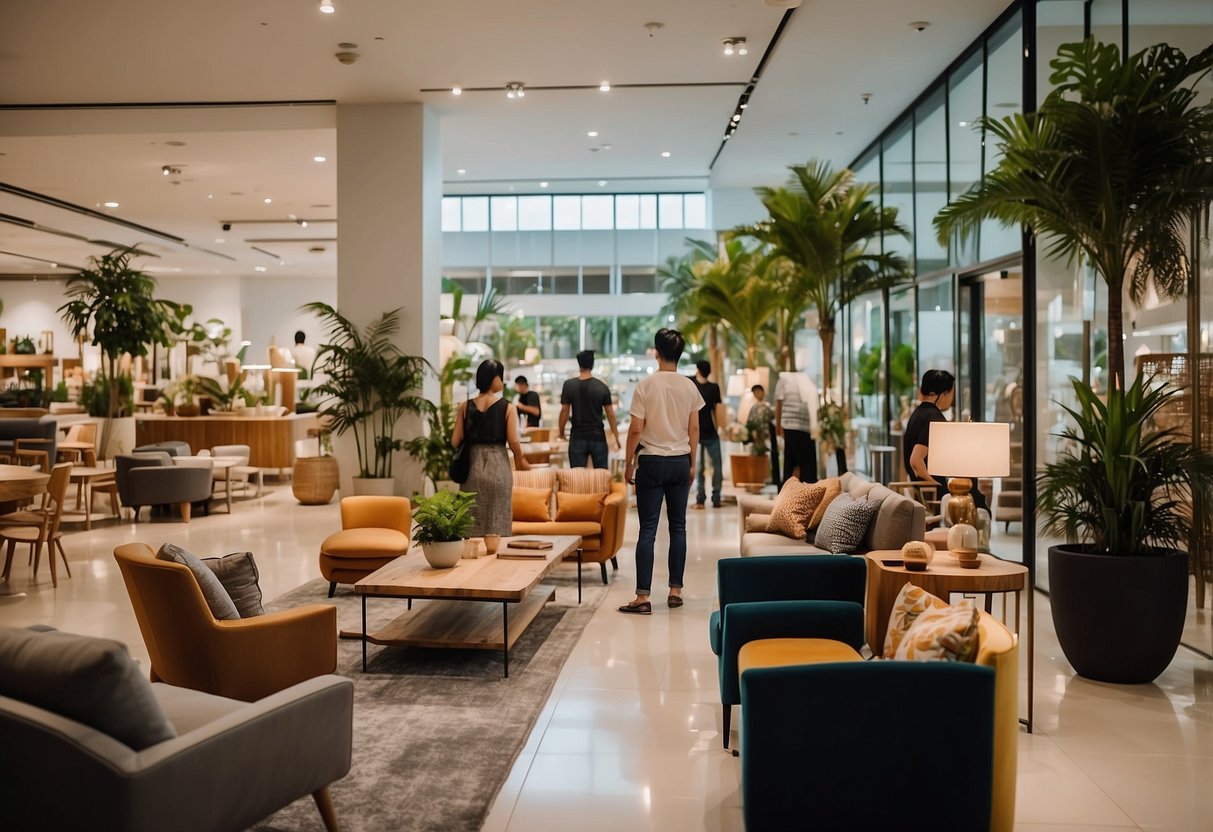 Customers browse through a variety of affordable furniture in a bright and spacious store in Singapore. Trendy and modern pieces are displayed in an organized and inviting manner