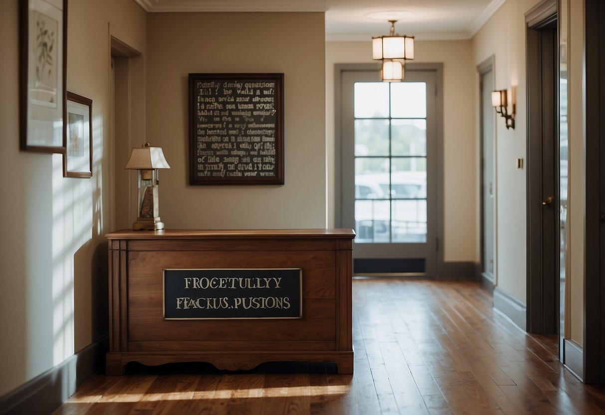 A hallway with a chest of drawers and a sign reading "Frequently Asked Questions" above it