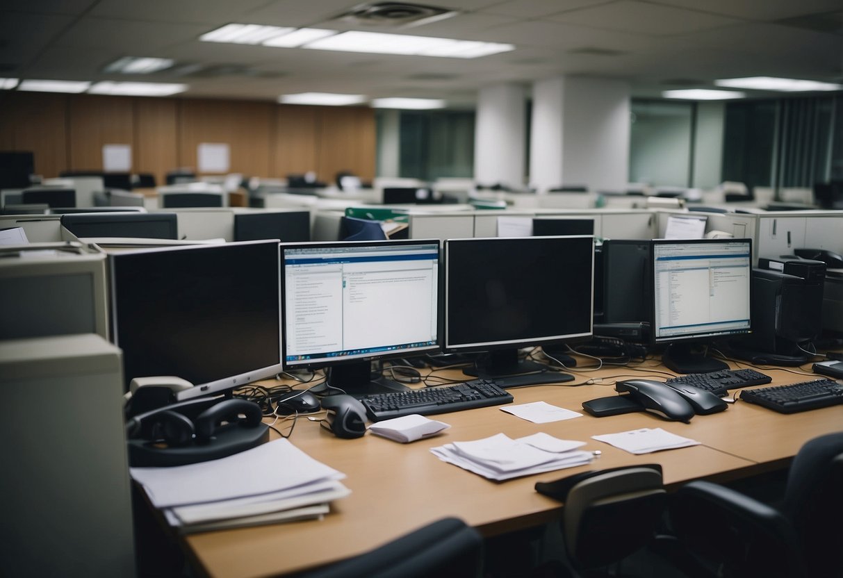 A cluttered office with worn-out chairs and desks, scattered papers, and outdated computer monitors in a small space in Singapore