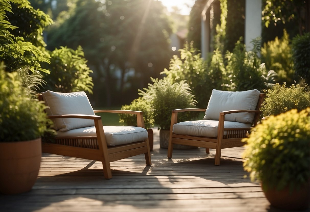 A cozy outdoor setting with a two-seater furniture piece, surrounded by lush greenery and bathed in warm sunlight