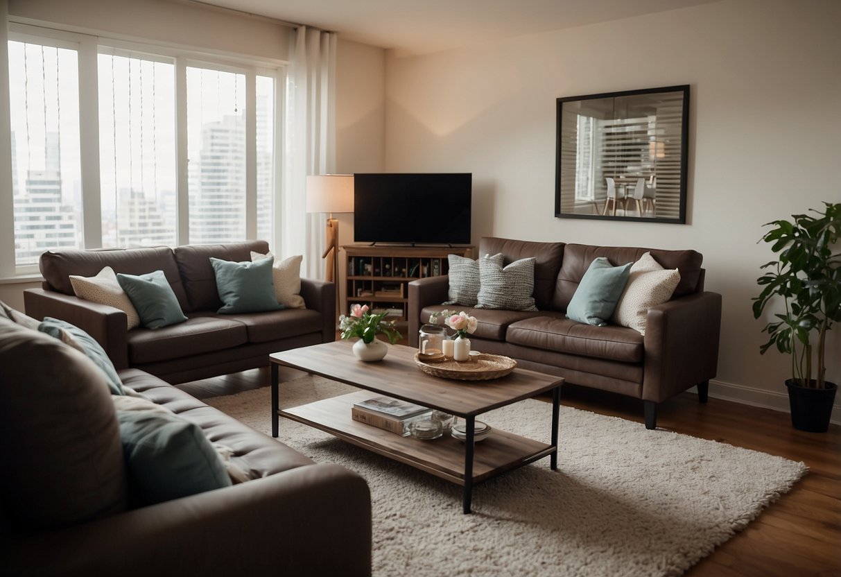 A living room with a sofa, coffee table, and TV stand. A dining area with a table and chairs. A bedroom with a bed, nightstand, and dresser