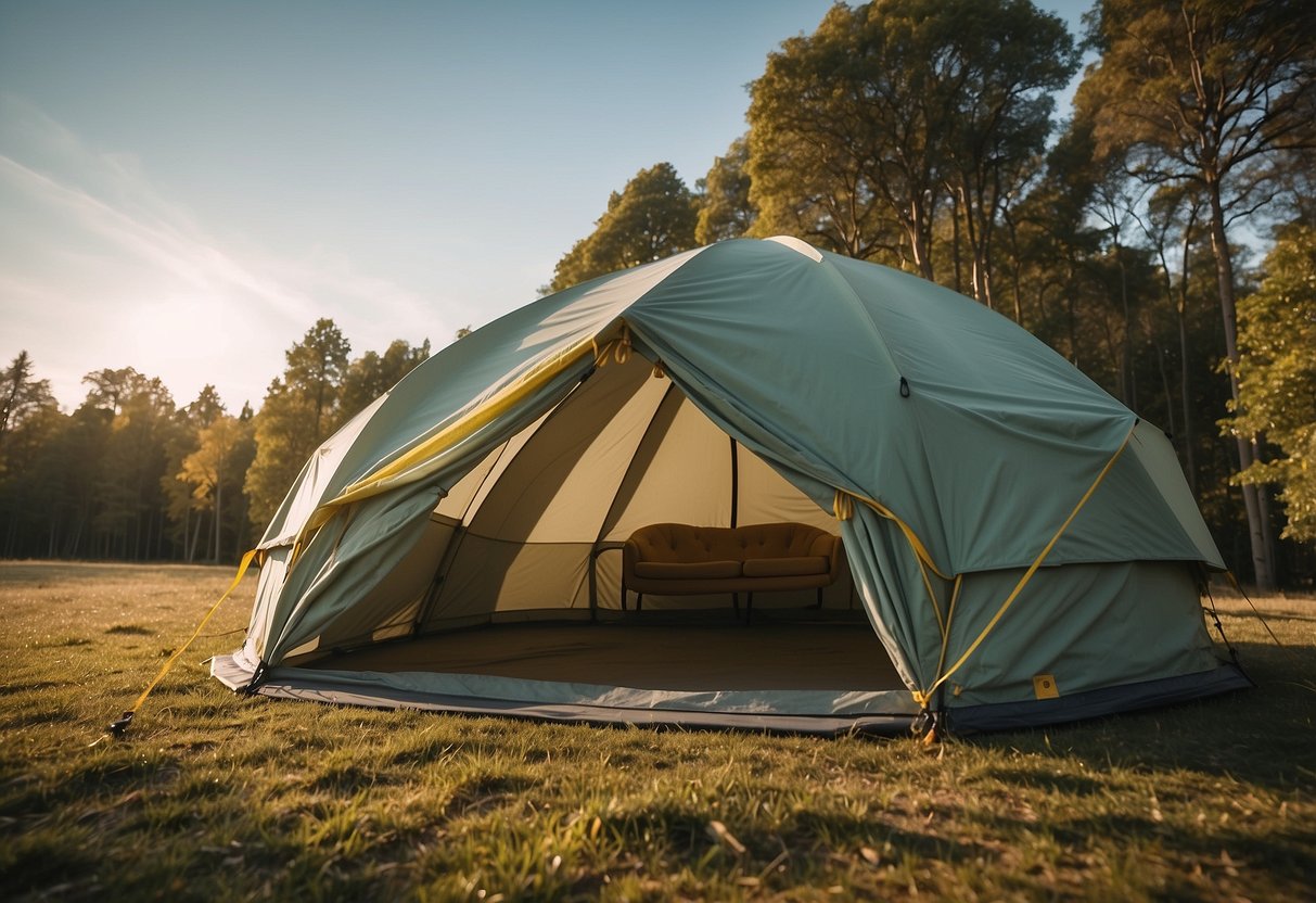 The tent is being reinforced with extra lines to secure it in windy conditions. The wind is blowing, causing the tent to flap and the surrounding trees to sway