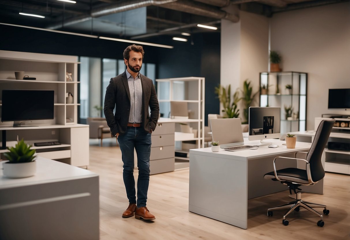 A person choosing modern office furniture from a variety of options in a spacious showroom
