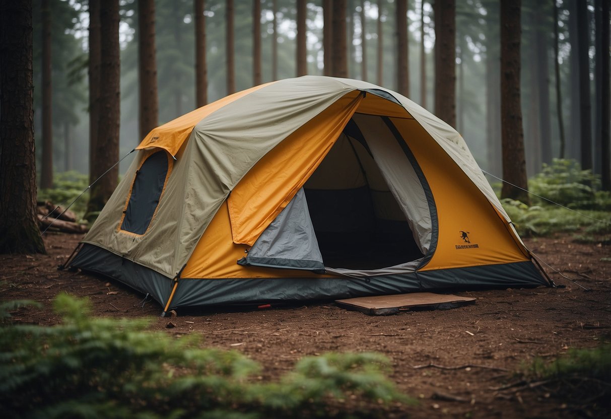 Tent secured with stakes and guy lines, campfire shielded from wind, items stored in heavy-duty containers, trees bending in the wind, dust and debris blowing around, caution signs posted, campers wearing wind-resistant clothing