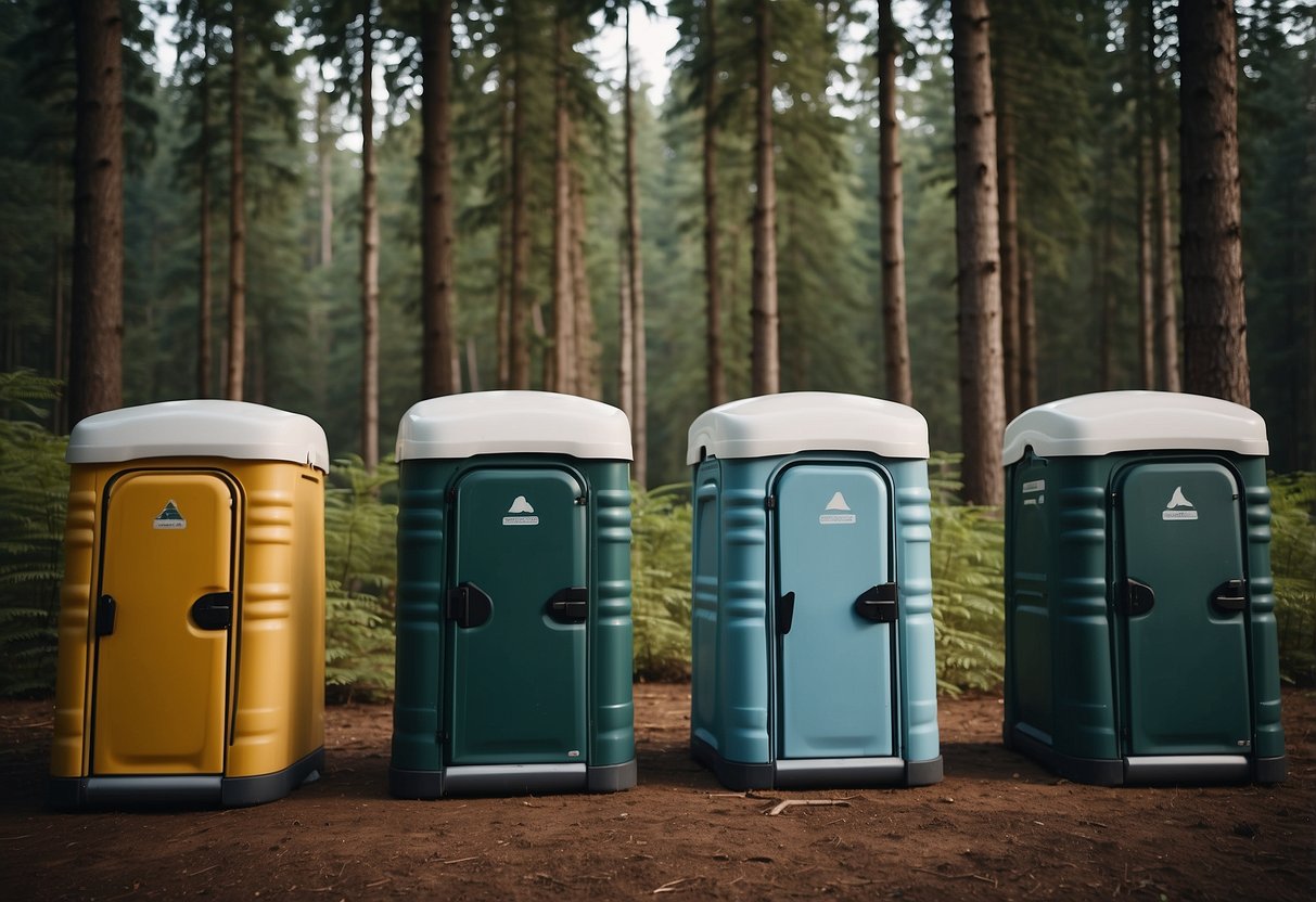 Five portable toilets surrounded by camping gear in a forest clearing. Each toilet is different in design and color, with a backdrop of trees and a campfire