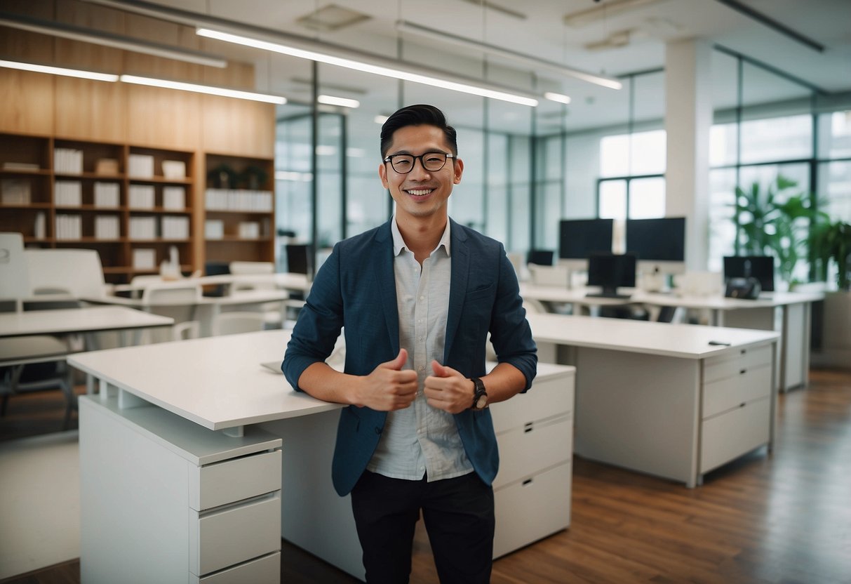 A customer compares prices and styles of office furniture in a bright, spacious showroom in Singapore
