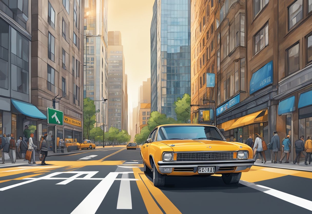 A car with the license plate "JL" parked in a busy city street with tall buildings and bustling traffic in the background