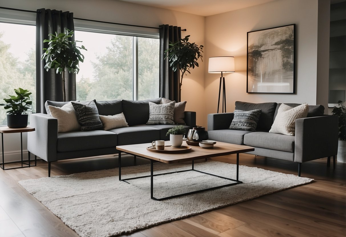 A cozy living room with modern, budget-friendly furniture from various stylish yet economical stores. The space is filled with sleek sofas, minimalist coffee tables, and decorative shelves, creating a welcoming and affordable home environment