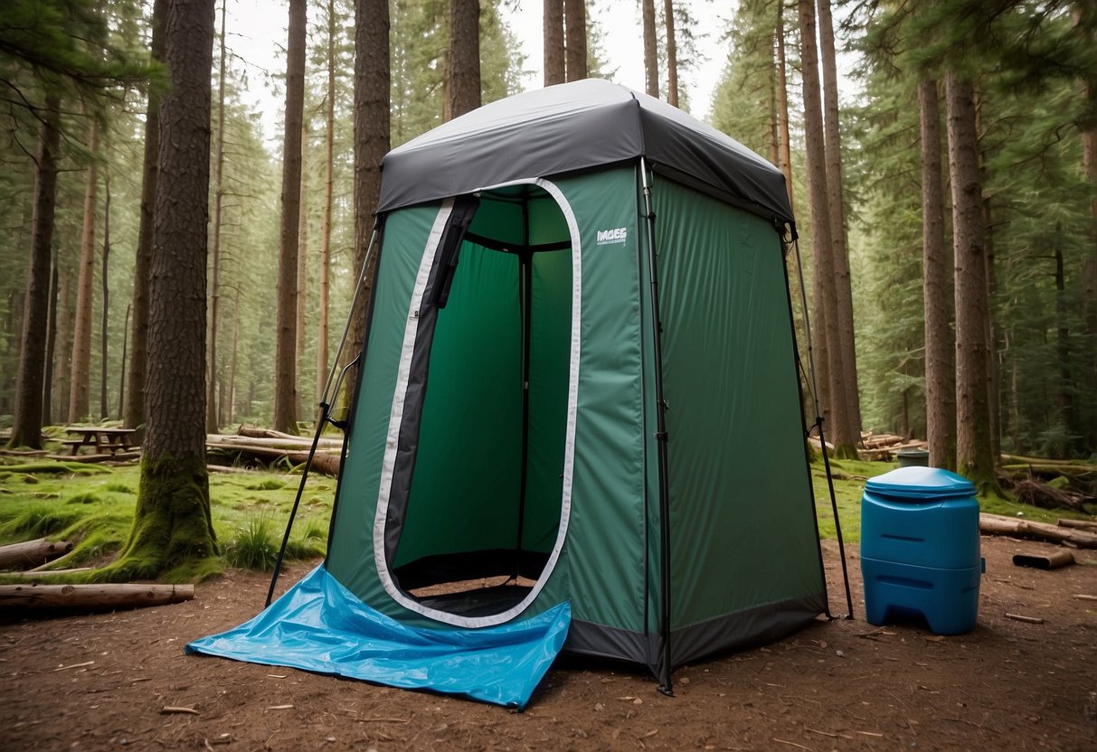 The Cleanwaste Go Anywhere Complete System sits beside a campsite, surrounded by trees and a tent. The portable toilet is compact and sturdy, with a waste bag attached and a privacy shelter nearby