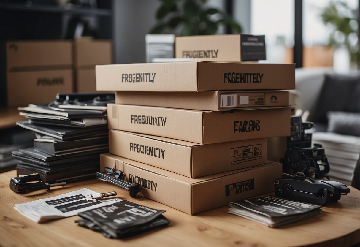 A stack of flat-pack furniture boxes with "Frequently Asked Questions" printed on the side, surrounded by scattered assembly tools and instruction manuals