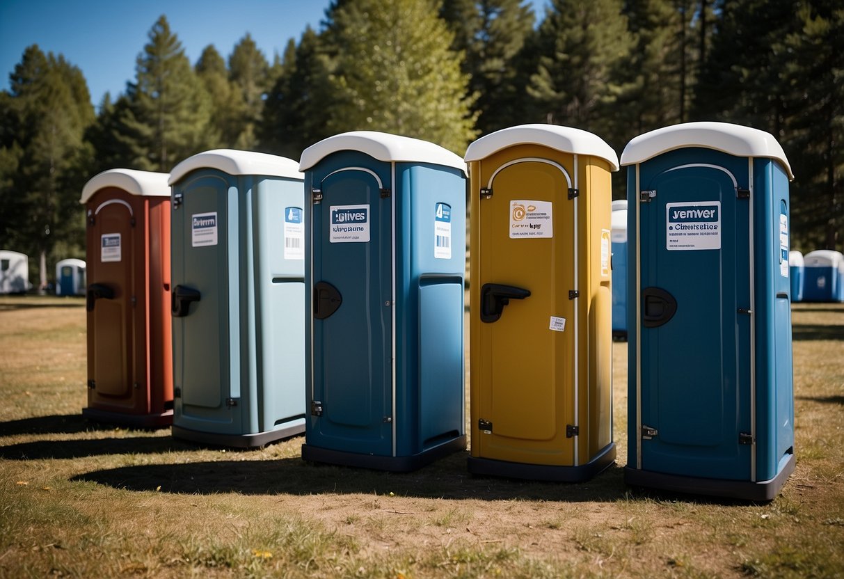 A row of portable toilets lined up at a campsite, surrounded by trees and a clear blue sky. Each toilet is labeled with maintenance tips and ranked as one of the best for camping