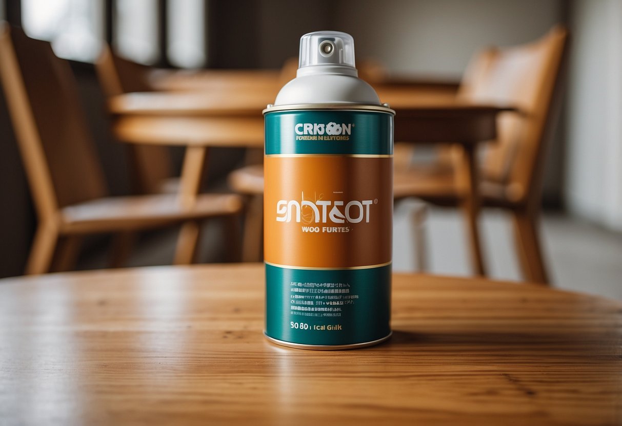 A can of wood furniture spray sits on a table, surrounded by various wooden furniture pieces in a well-lit room
