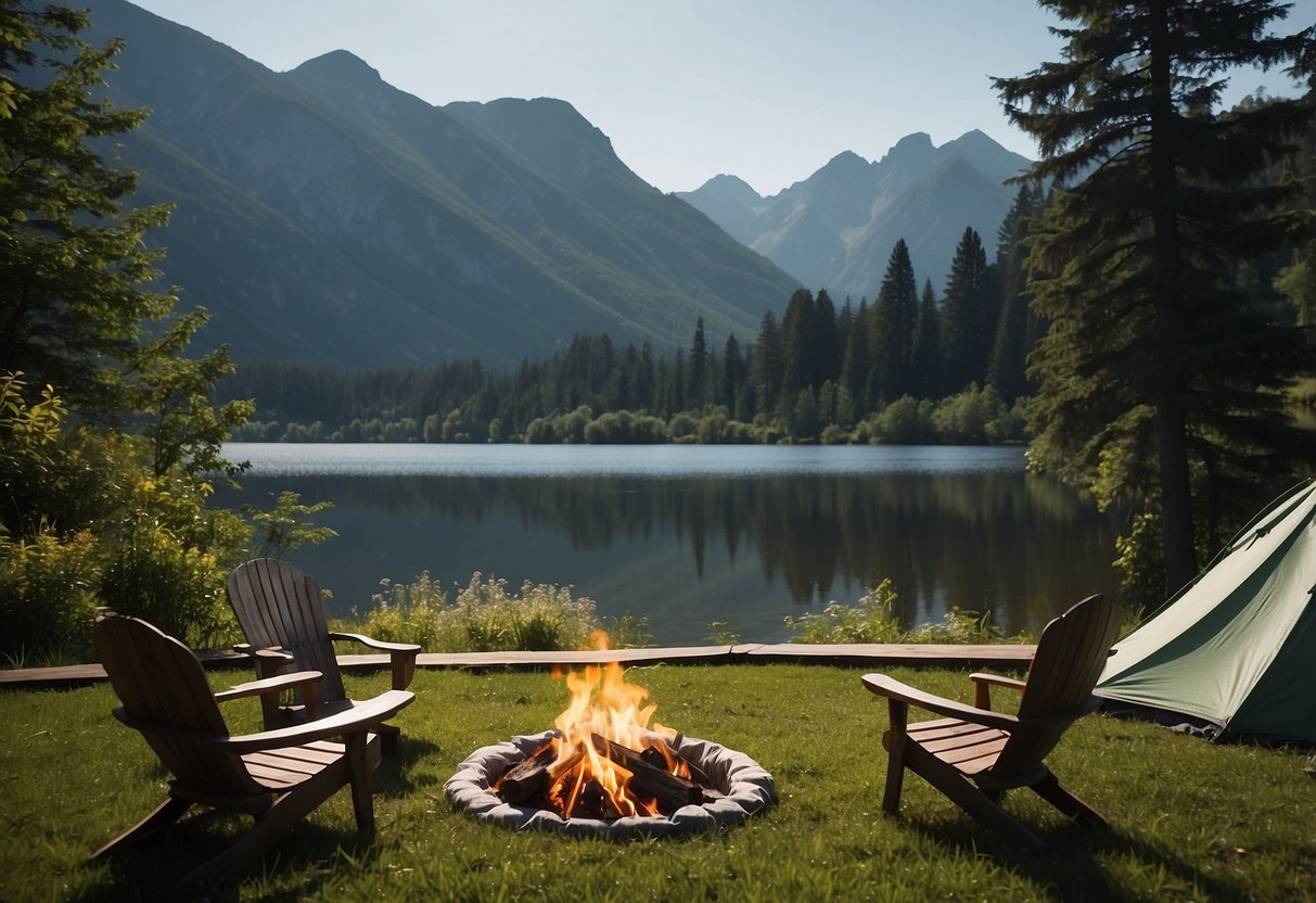 A serene lake surrounded by lush greenery, with a clear sky and a mountain range in the background. A campfire burns in the foreground, with tents pitched nearby