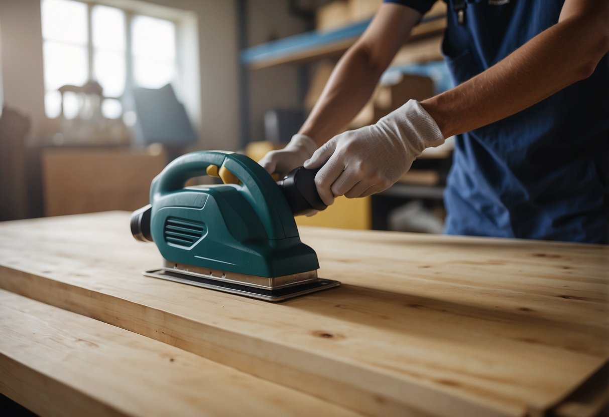 Wood furniture being sanded and cleaned before spray painting. Sandpaper, dust cloths, and spray paint cans are visible