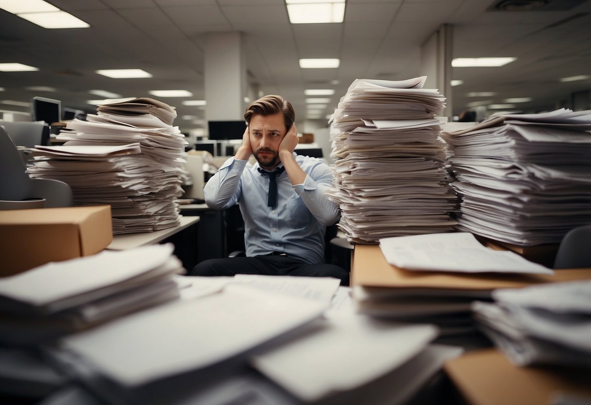 A cluttered office space with mismatched chairs and desks, a frustrated person searching for answers in a stack of papers