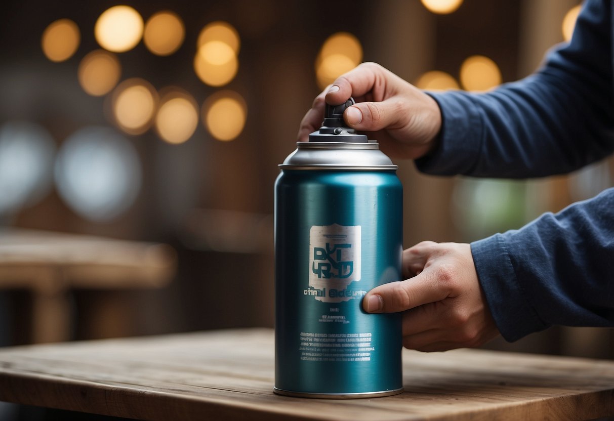 A hand holding a spray paint can applies even strokes to a wooden chair, creating a smooth, even finish