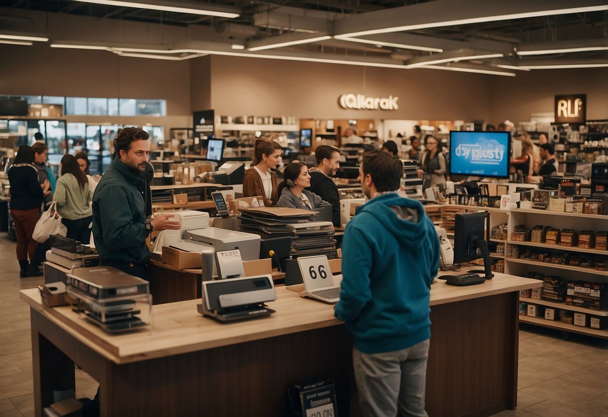 A crowded furniture store with bright signage, bustling shoppers, and rows of discounted items. A helpful staff member assists a customer with a question