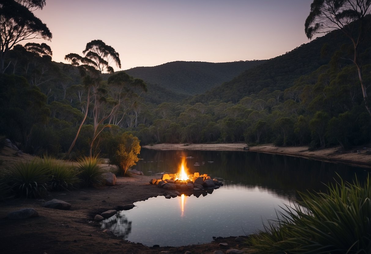 A serene campsite nestled in the Australian wilderness, surrounded by lush greenery and a crystal-clear river. A cozy campfire crackles in the center, with a tent pitched nearby under the starry night sky