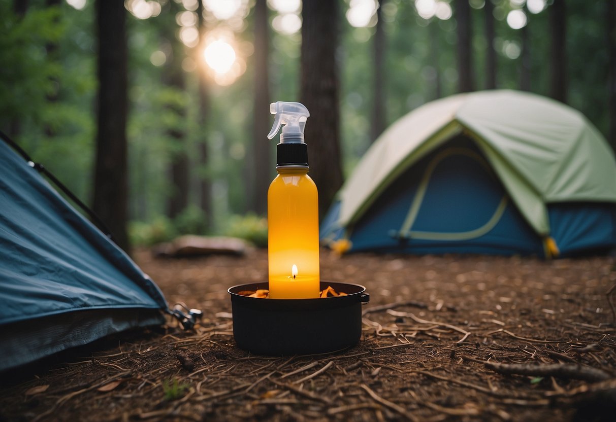 A campsite with a tent, campfire, and bug repellent spray. Bugs are buzzing around but the campers are using citronella candles and wearing bug repellent clothing