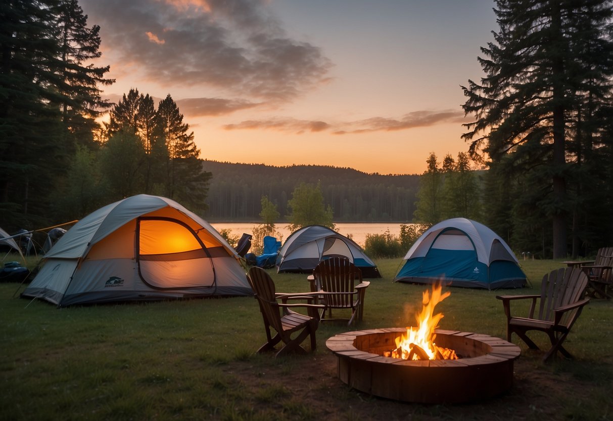 Campsite away from water, bugs buzzing around. Tents pitched, campfire burning. Trees in background, sunset glow