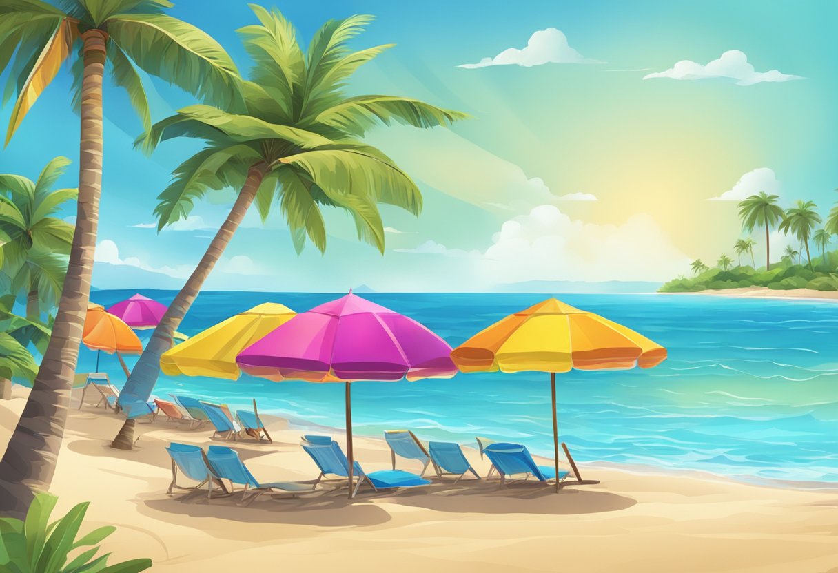 A vibrant beach scene with palm trees, clear blue water, and colorful beach umbrellas