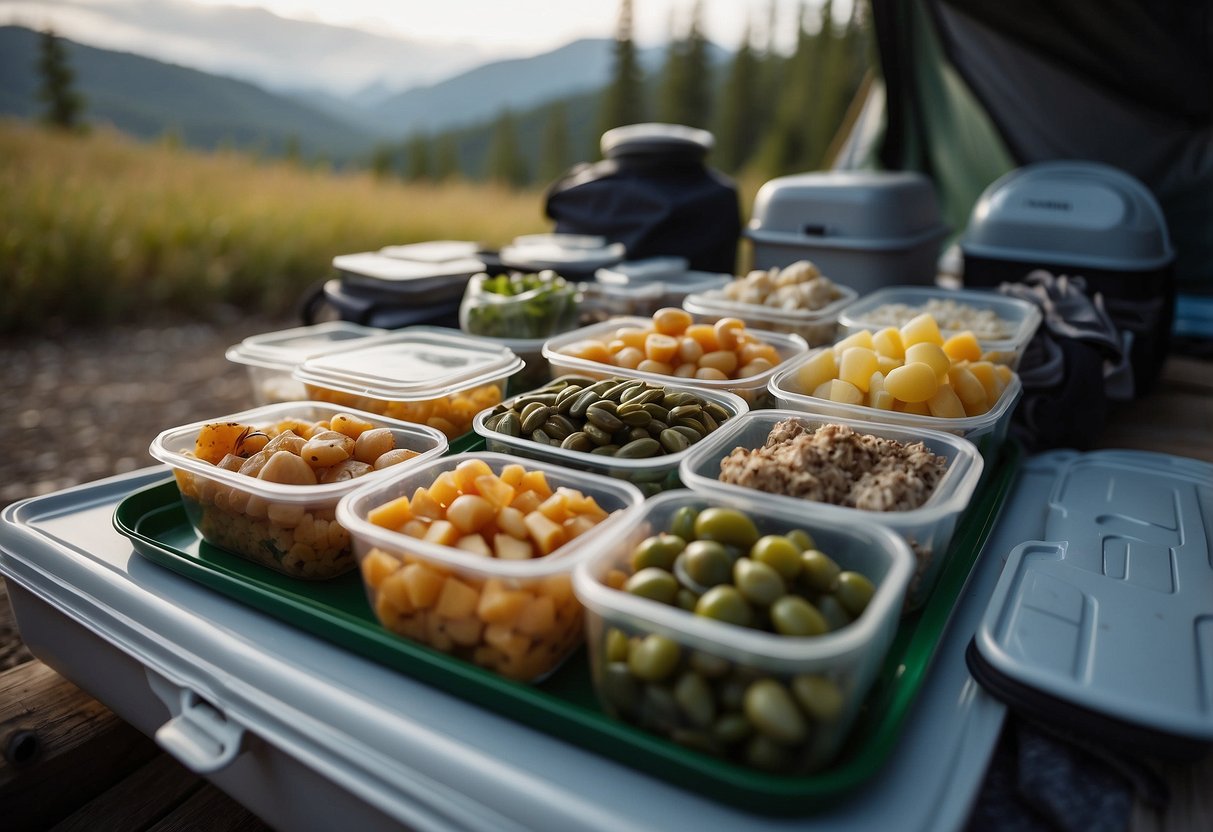 Food stored in sealed containers, surrounded by camping gear. Bugs are kept at bay by the airtight seals. The containers are neatly organized, ready for a camping trip