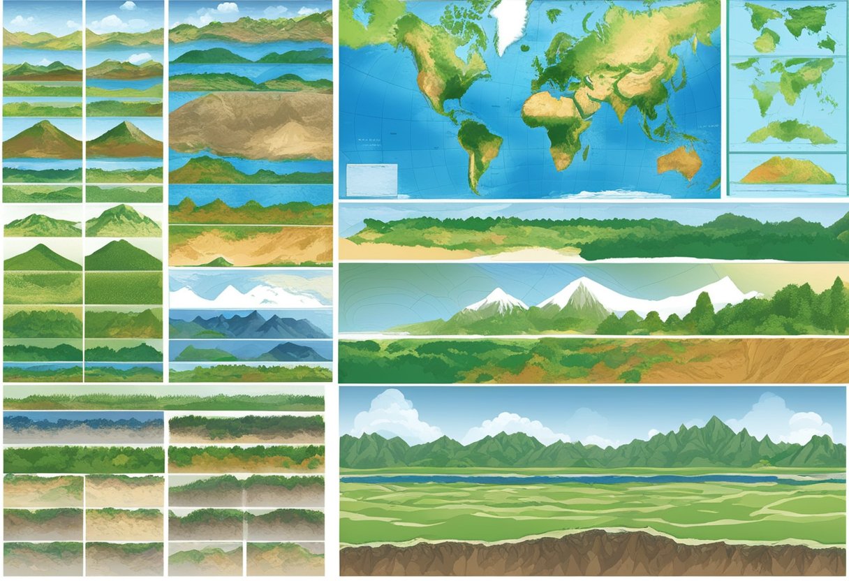 Global land surfaces and their classification, with varying terrain and vegetation