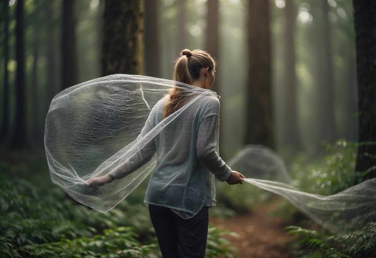 A person in long-sleeved clothing and pants, standing in a forest with bugs around, using bug spray and a mesh net to protect themselves