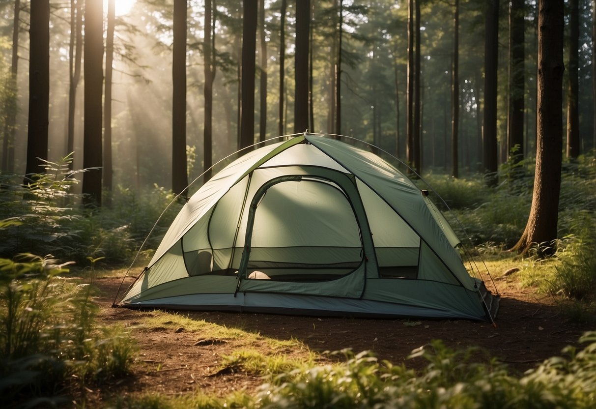 A tent with a built-in bug net stands in a forest clearing, surrounded by trees and dappled sunlight. The bug netting is visible, and a few insects can be seen outside the net