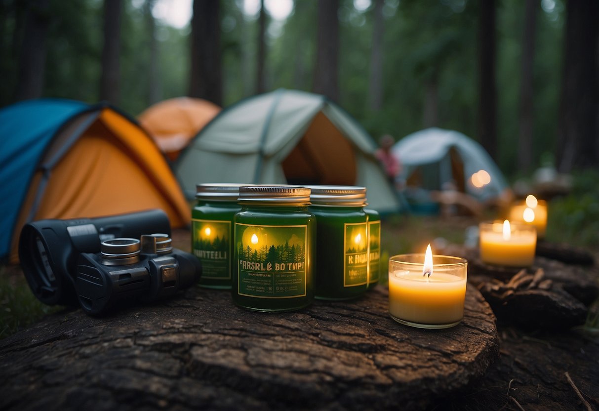 Campsite with bug repellent, citronella candles, and unscented lotions. No scented products. Tents and sleeping bags set up. Outdoor setting with trees and a campfire