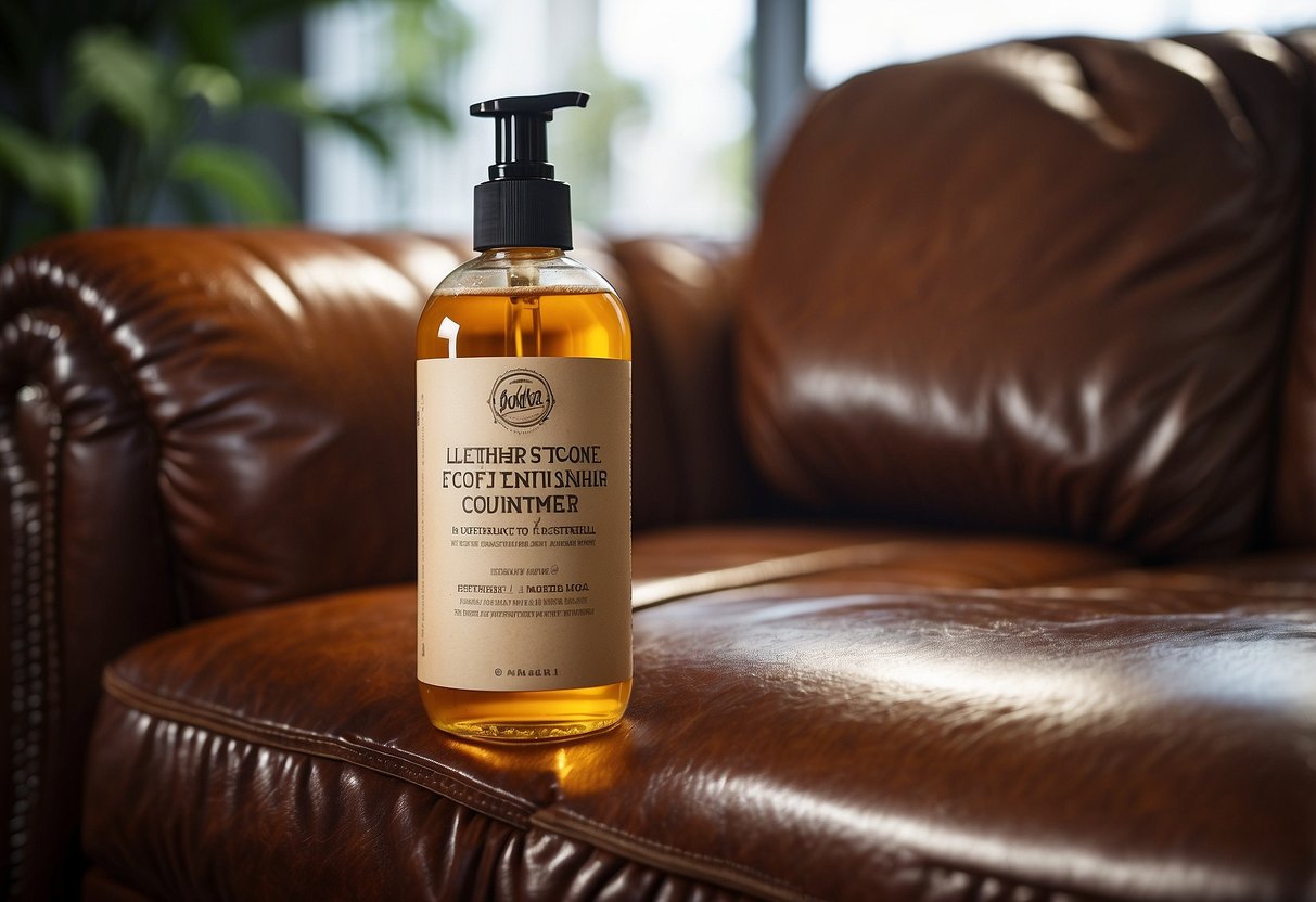 A bottle of leather furniture conditioner being applied to a worn-out leather couch, restoring its shine and softness