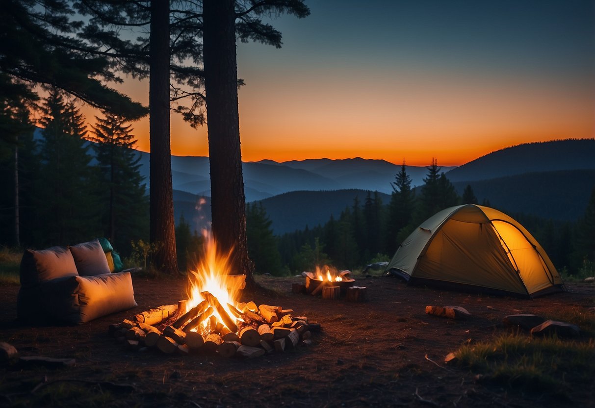 A cozy campsite with a warm bonfire, surrounded by tall trees and a clear night sky. Clothes laid out neatly, including insulated jackets, waterproof boots, and durable pants