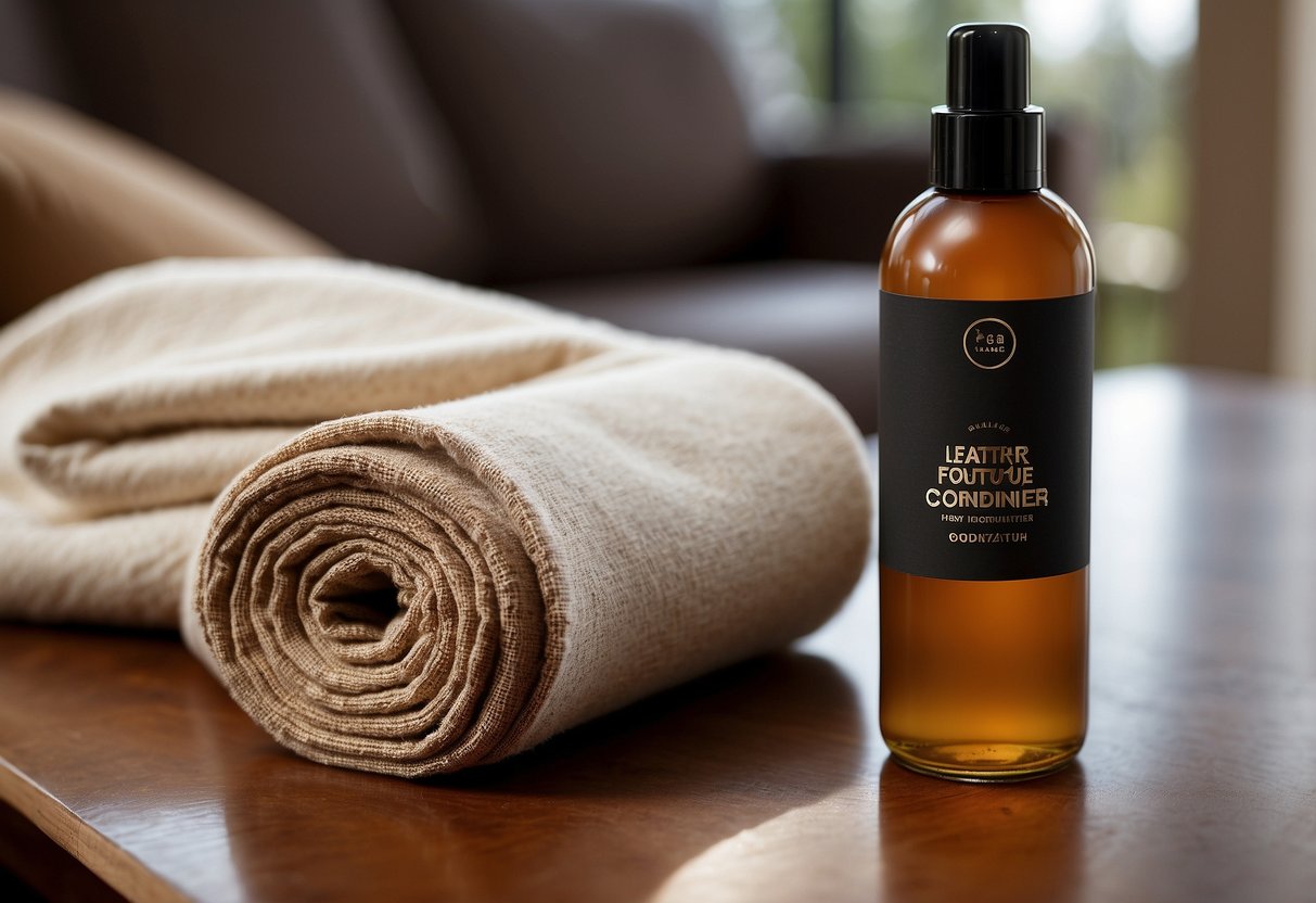 A bottle of leather furniture conditioner sits on a clean, polished surface next to a soft cloth and a leather sofa. The conditioner's label prominently displays the product's name and its benefits