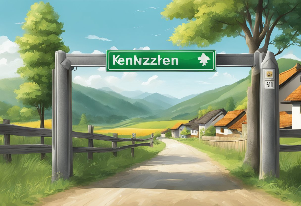 A street sign with "hsk kennzeichen orte" in a rural village setting